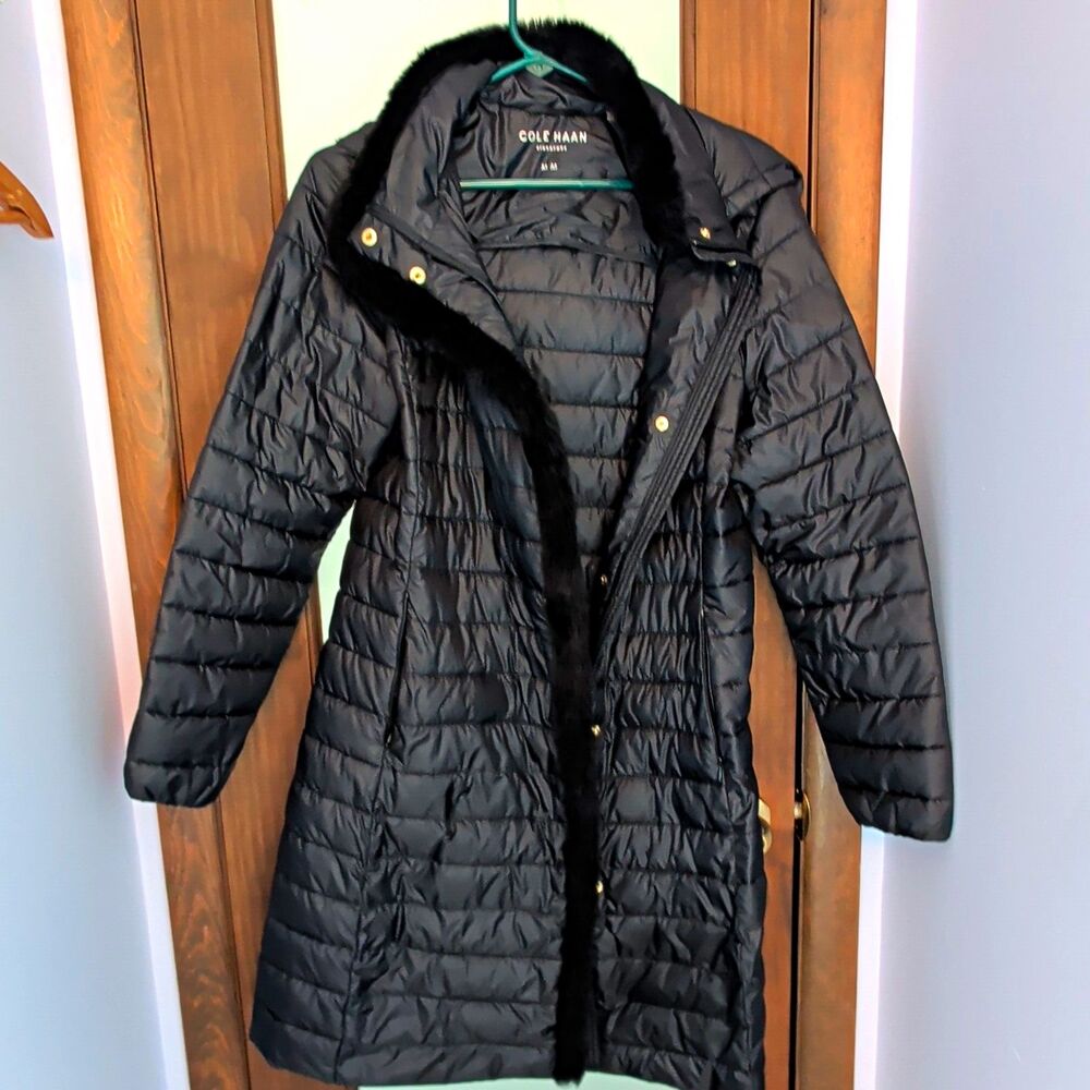 Cole Haan Signature Black Quilted Puffer Jacket Faux Fur Poly Fill Women’s Med